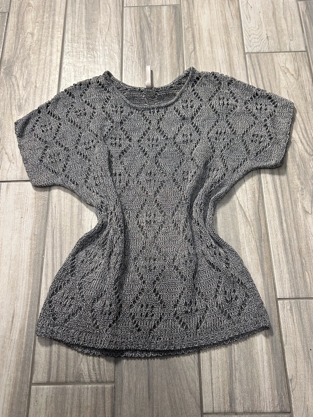 Gray Textured Crochet Open Pattern Knit Sweater Top Med Boho Lightweight